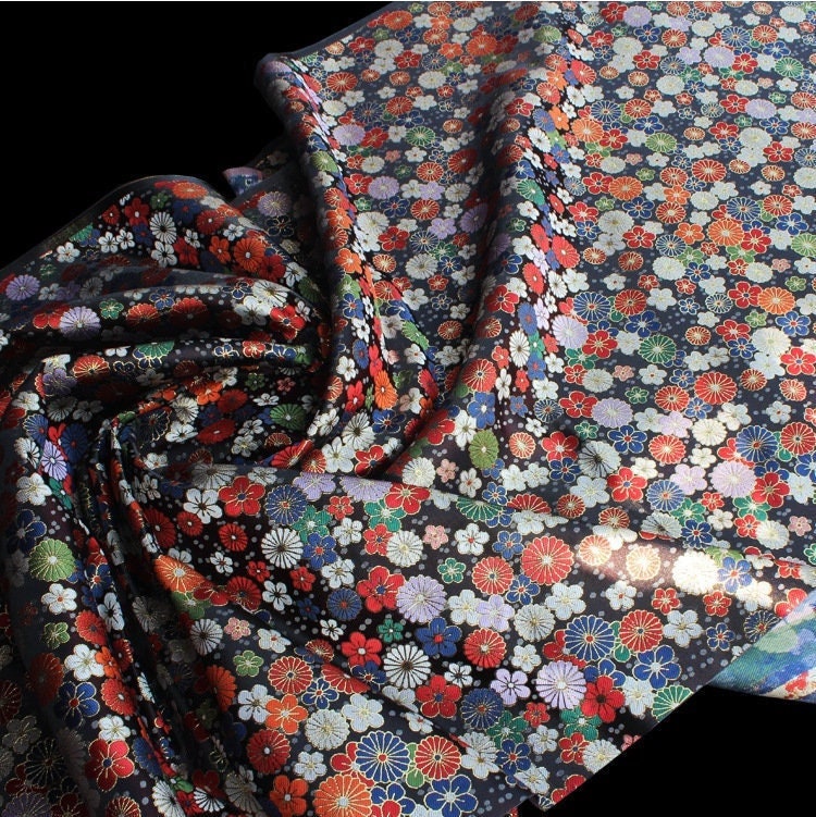 Japanese KINRAN Floral Fabric: Black Silk Rayon Blend, 59" Wide