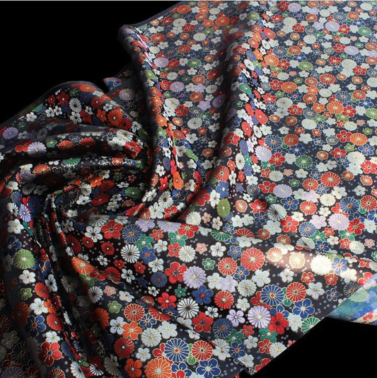 Japanese KINRAN Floral Fabric: Black Silk Rayon Blend, 59" Wide