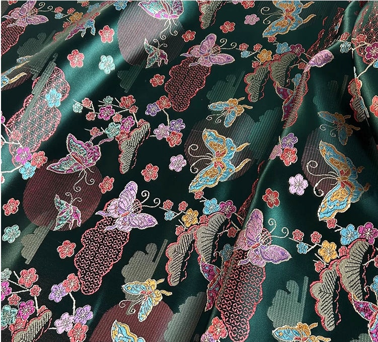 Butterfly Floral Brocade Fabric: Dark Green Rayon Silk Jacquard (47"W)