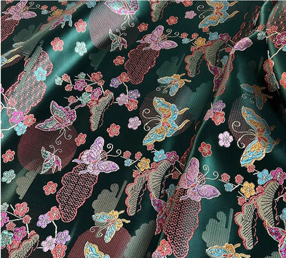 Butterfly Floral Brocade Fabric: Dark Green Rayon Silk Jacquard (47"W)