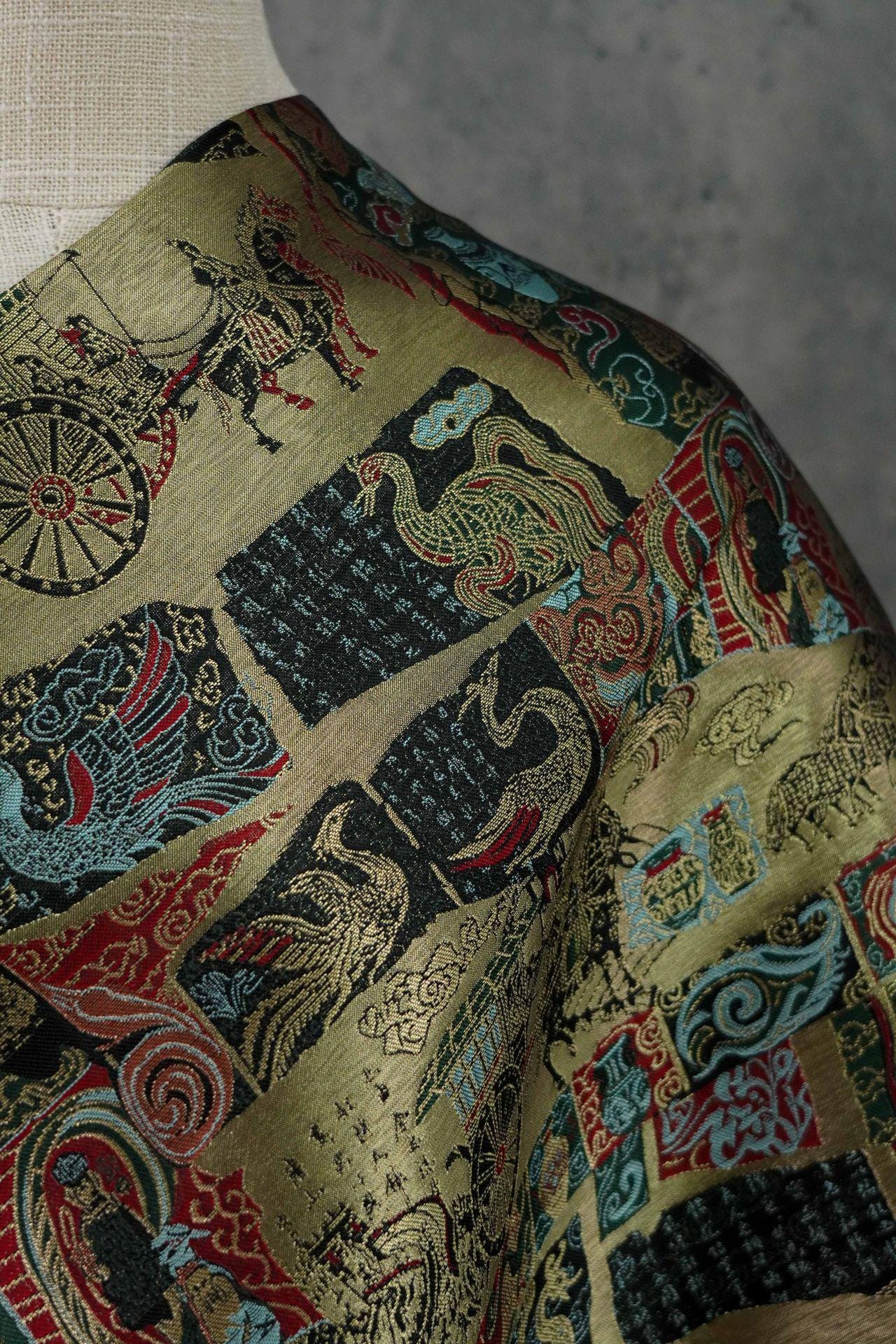 Gold Thread Song Brocade Jacquard Fabric, Tibetan Style, 59" Wide