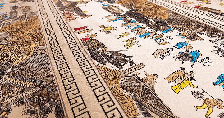 Khaki Silk Brocade Fabric: Ancient Chinese Painting, 118" Wide