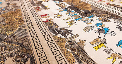 Khaki Silk Brocade Fabric: Ancient Chinese Painting, 118" Wide