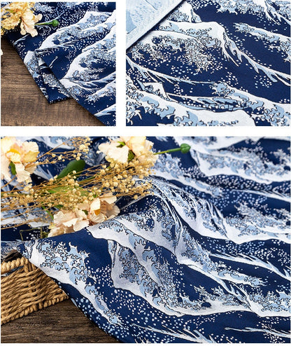 Japanese Brocade Fabric: Mt. Fuji Kimono Pattern, Blue Jacquard (59"W)