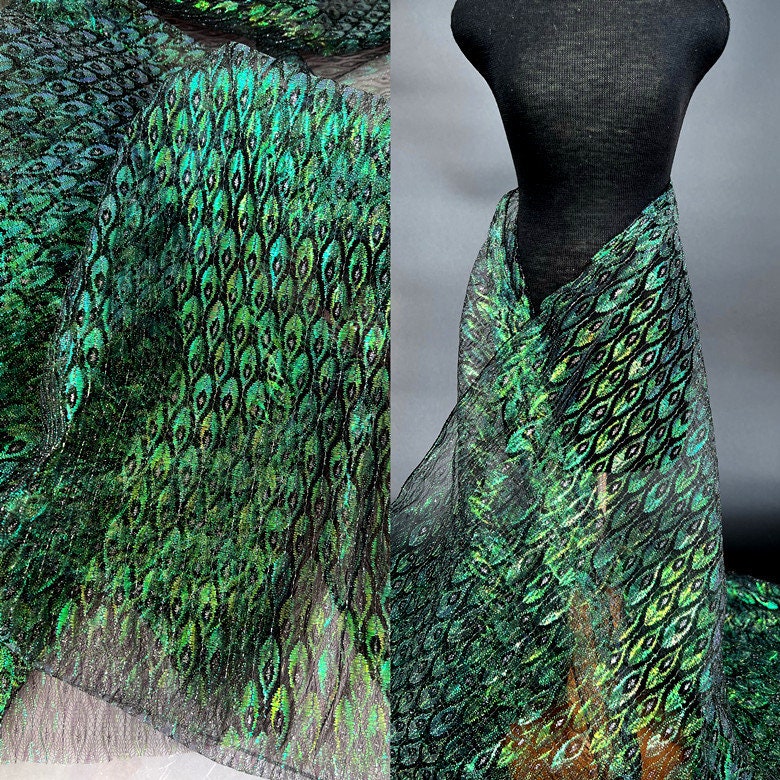 Laser Peacock Feather Mesh Fabric, Colorful See Through Lace