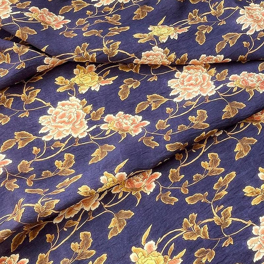 Tissu Tencel Ramie : imprimé pivoine métallisée, 150 cm de large, vendu au mètre