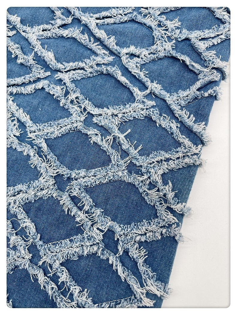 Tissu denim déchiré : Tissu à franges 3D à bords francs (150 cm)