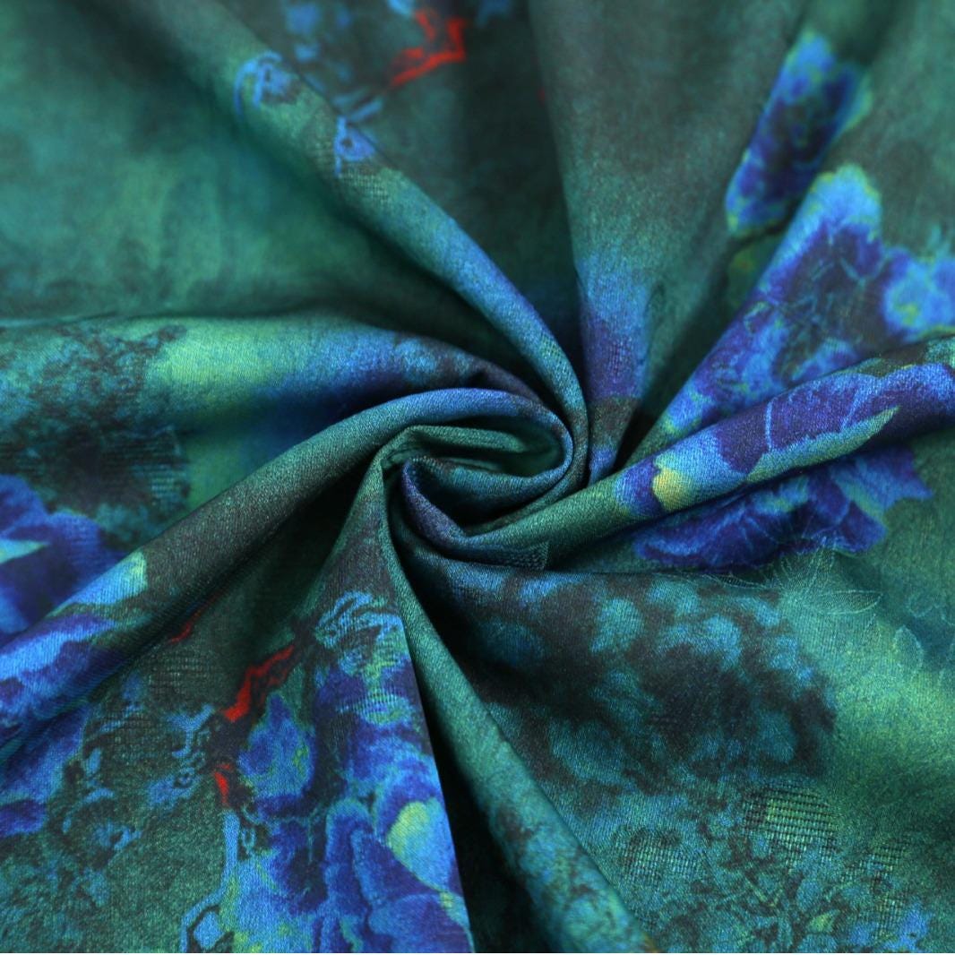 Floral Tea Silk Satin Fabric: Blue Raindrop Flowers, 59" Wide