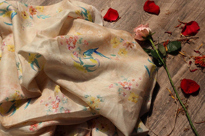 Floral Bird Print Ramie Fabric: Soft Breathable Textile, 55" Wide