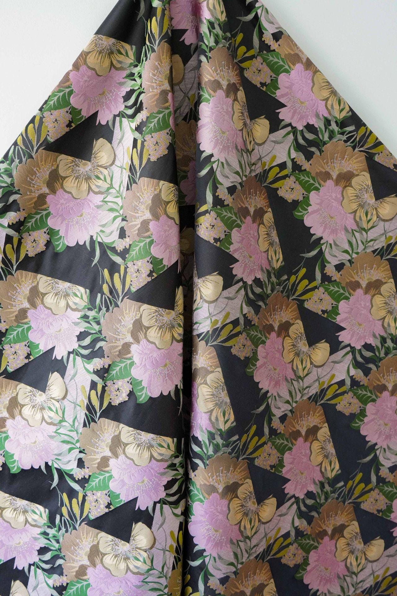 Black Floral Jacquard Brocade Fabric: Romantic Yarn-Dyed Sewing Material, 55"W