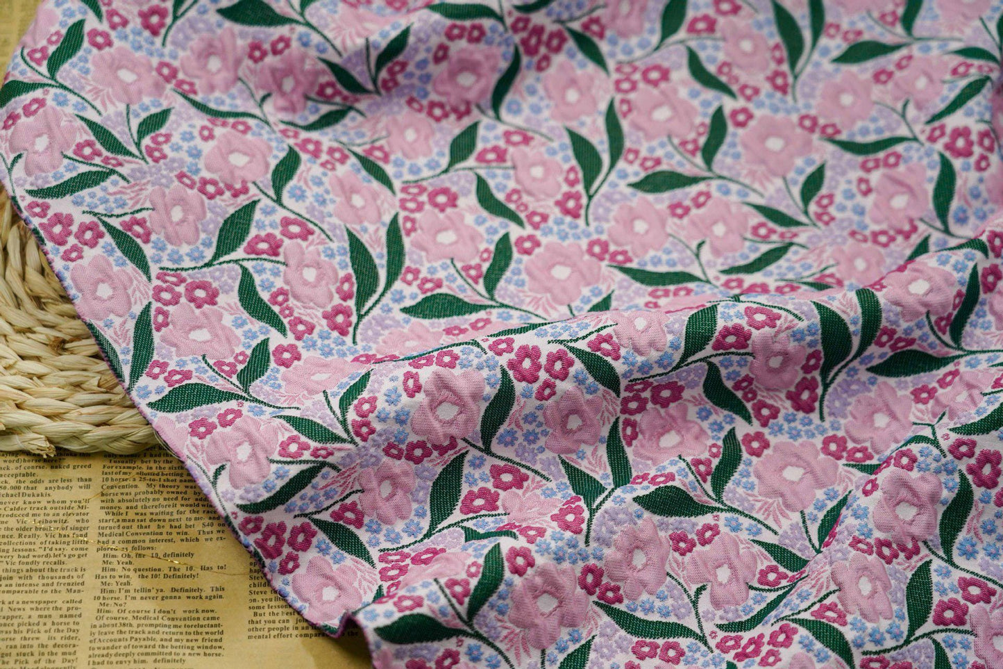 Pink Flower Jacquard Fabric: Embossed 3D Floral Design, 55" Wide