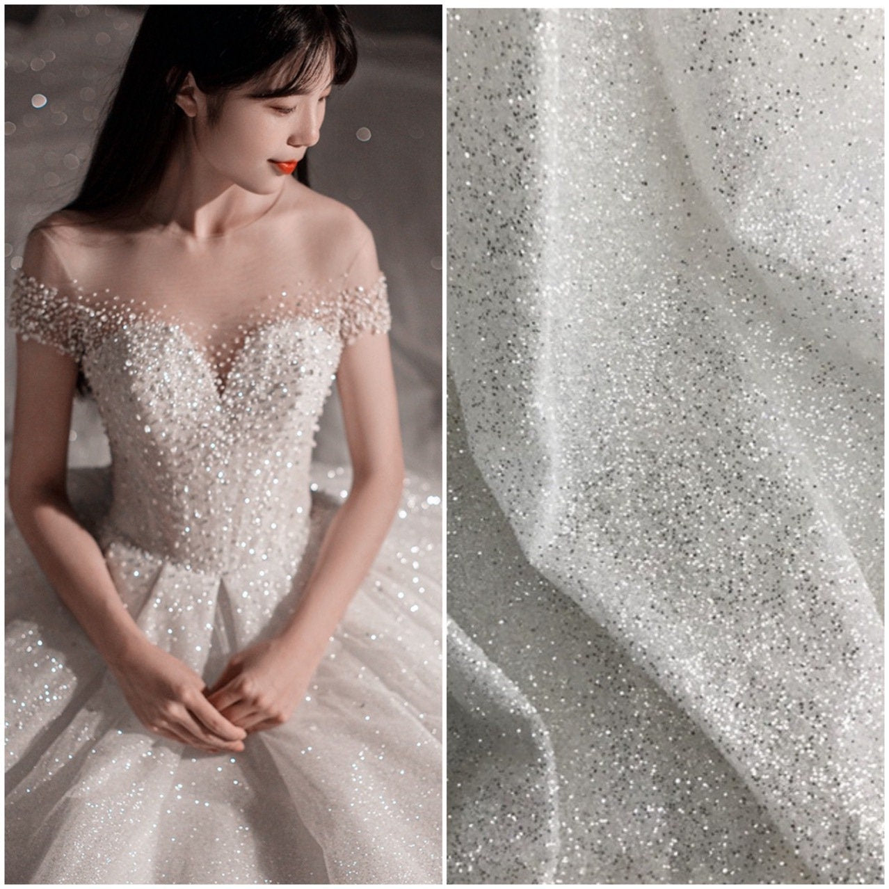 Glitter Lace Fabric: Shiny White Bronzing Foil on Tulle (51"W)