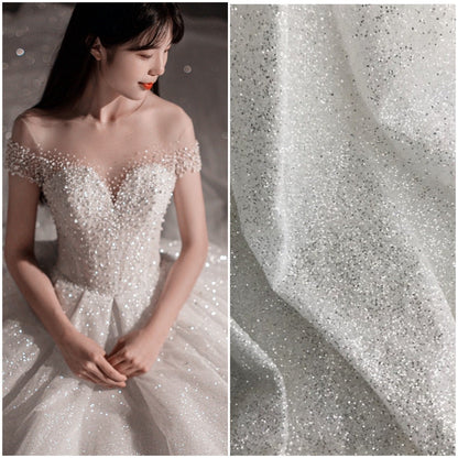 Glitter Lace Fabric: Shiny White Bronzing Foil on Tulle (51"W)
