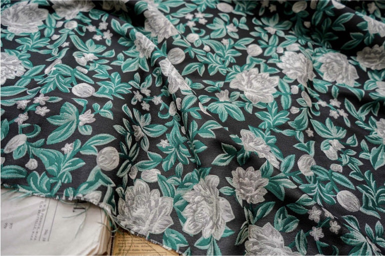 Green Floral Jacquard Fabric: 3D Embossed Cotton Polyester Blend, 59" Wide