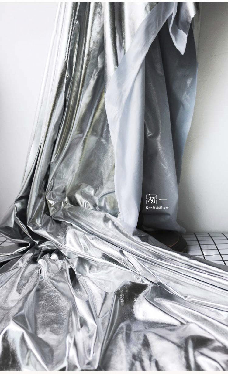 Silver Coated Stretch Fabric: Metallic PU Clothing Material, 60" Width