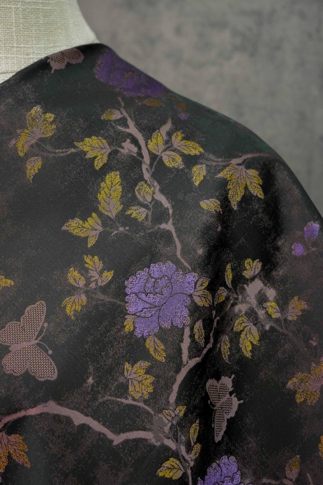 Gold Thread Jacquard Fabric: Retro Butterfly Floral Upholstery, 56"W