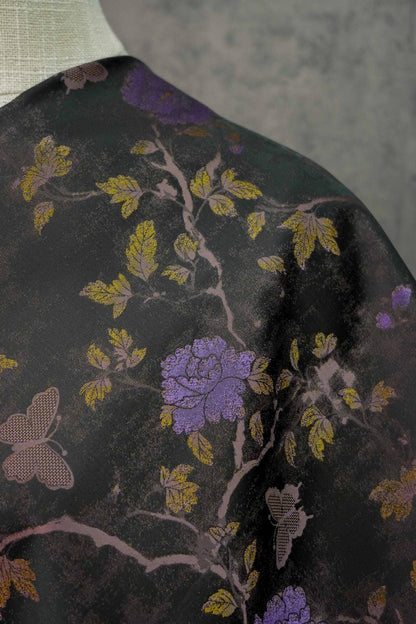 Gold Thread Jacquard Fabric: Retro Butterfly Floral Upholstery, 56"W