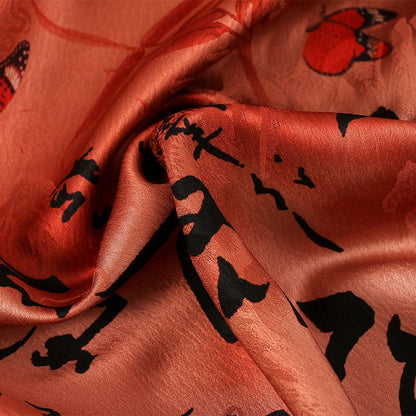 Red Silken Fabric: Ancient Calligraphy Print, 59" Wide