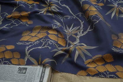 Dark Blue Ginkgo Jacquard Fabric: Polyester Upholstery & Dress Material