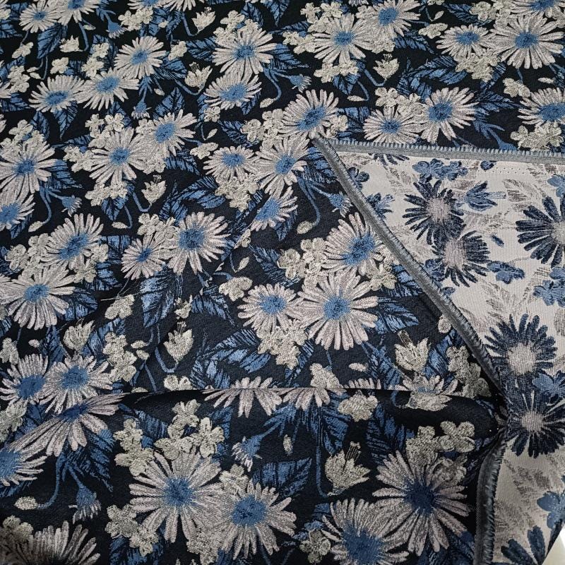Reversible Floral Jacquard Fabric: Retro Blue Embossed Woven Material, 59"W