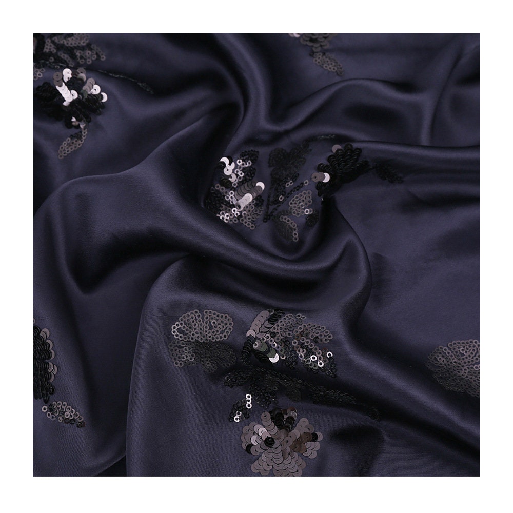 Embroidered Navy Satin Fabric: Floral Sequin Dress Material, 49�ï