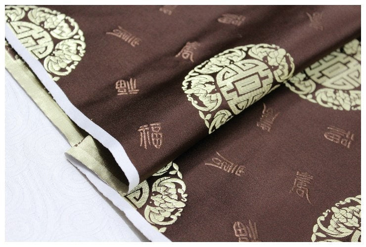 Floral Brocade Jacquard Satin Fabric with Chinese Fu Symbol