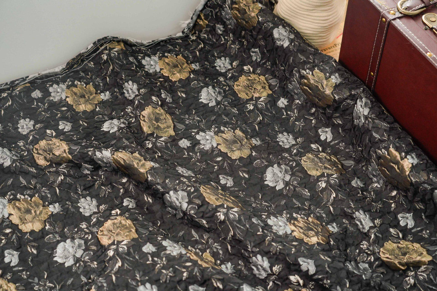 Black Floral Jacquard Fabric: Vintage 3D Designer Material, 65" Wide