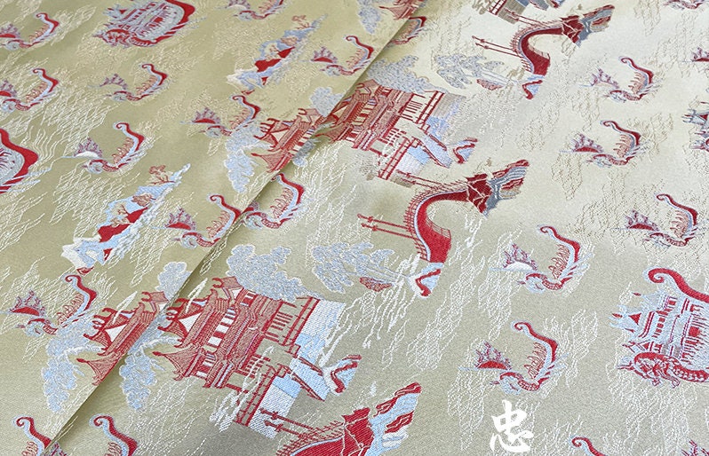 Dragon Boat Brocade Fabric: Champagne & Pink Silk Rayon Blend