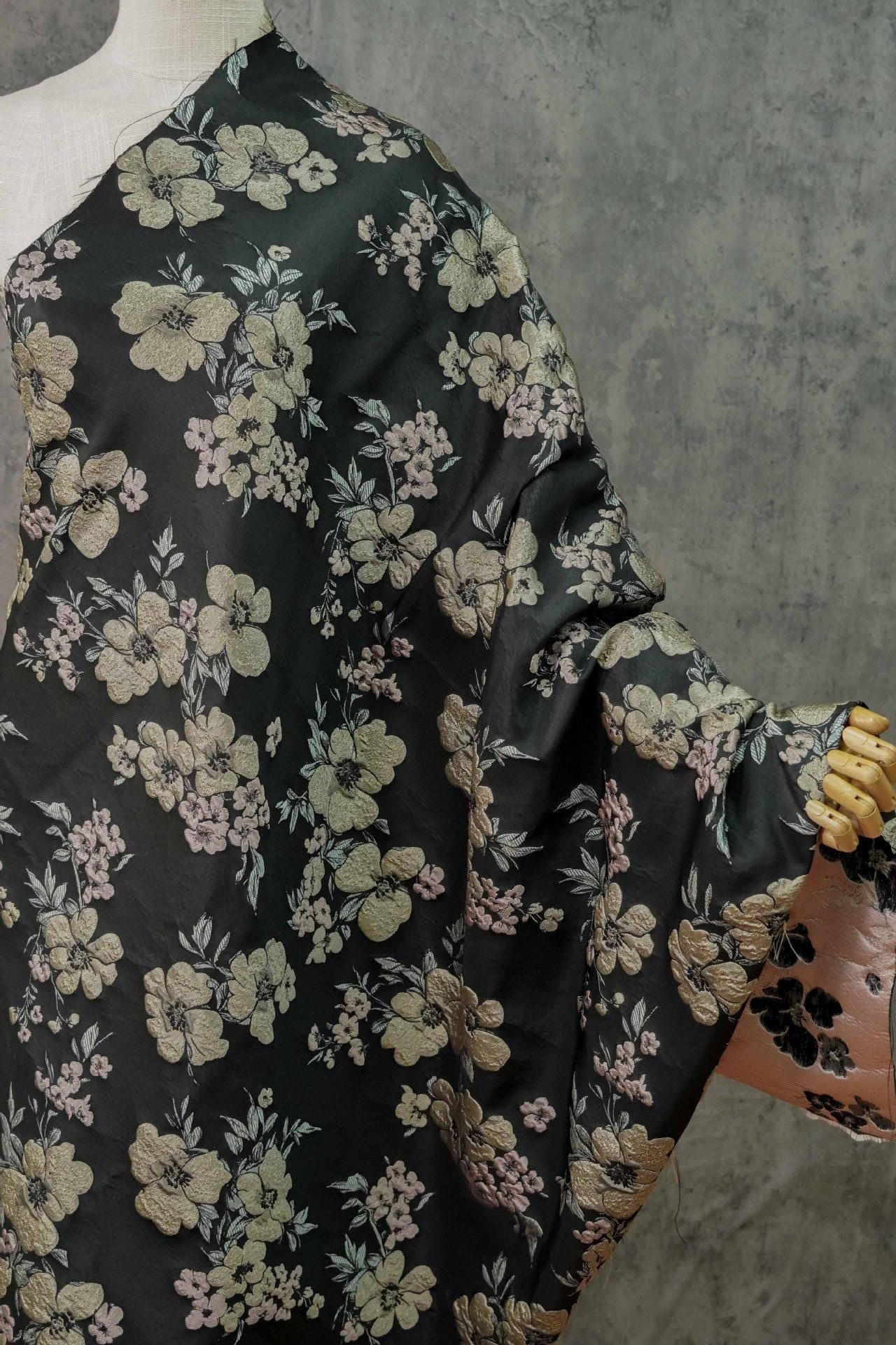 Floral Jacquard Fabric: 3D Effect Yellow Pink Flowers, 55" Wide - By The Meter