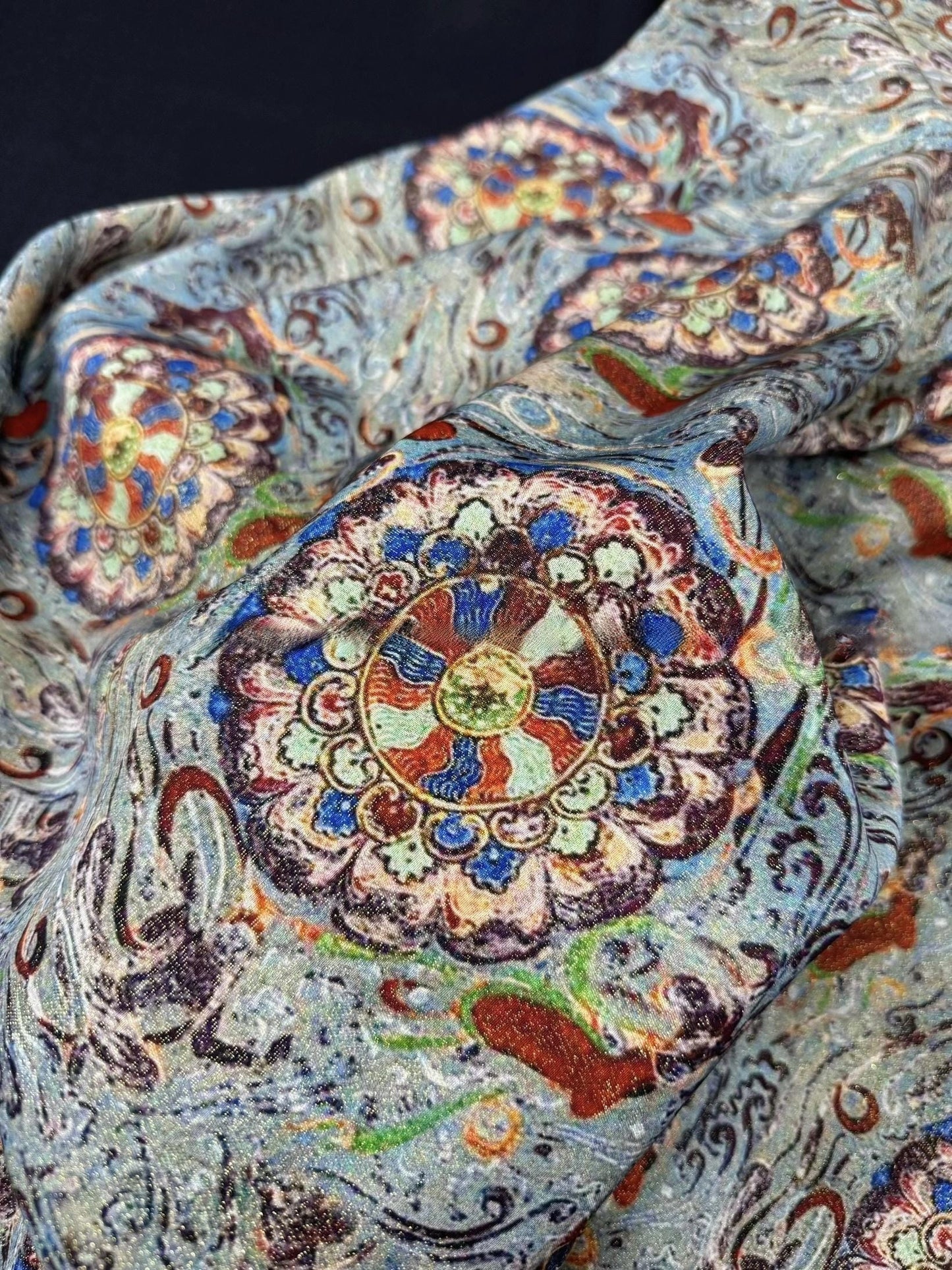 Ethnic Silk Brocade Fabric: Gold Foil Tapestry, Dunhuang Zen Style