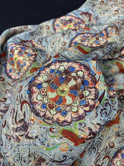 Ethnic Silk Brocade Fabric: Gold Foil Tapestry, Dunhuang Zen Style