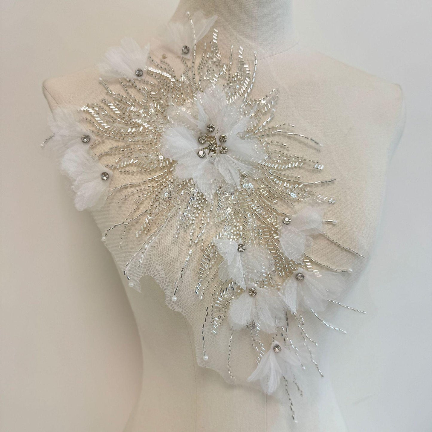 Beaded Sequin Lace Applique Pair: Chiffon Floral Embroidery Trim