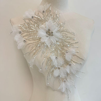 Beaded Sequin Lace Applique Pair: Chiffon Floral Embroidery Trim