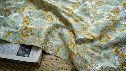 Gold Thread Woven Jacquard Fabric: 3D Embossed Floral, 59"W