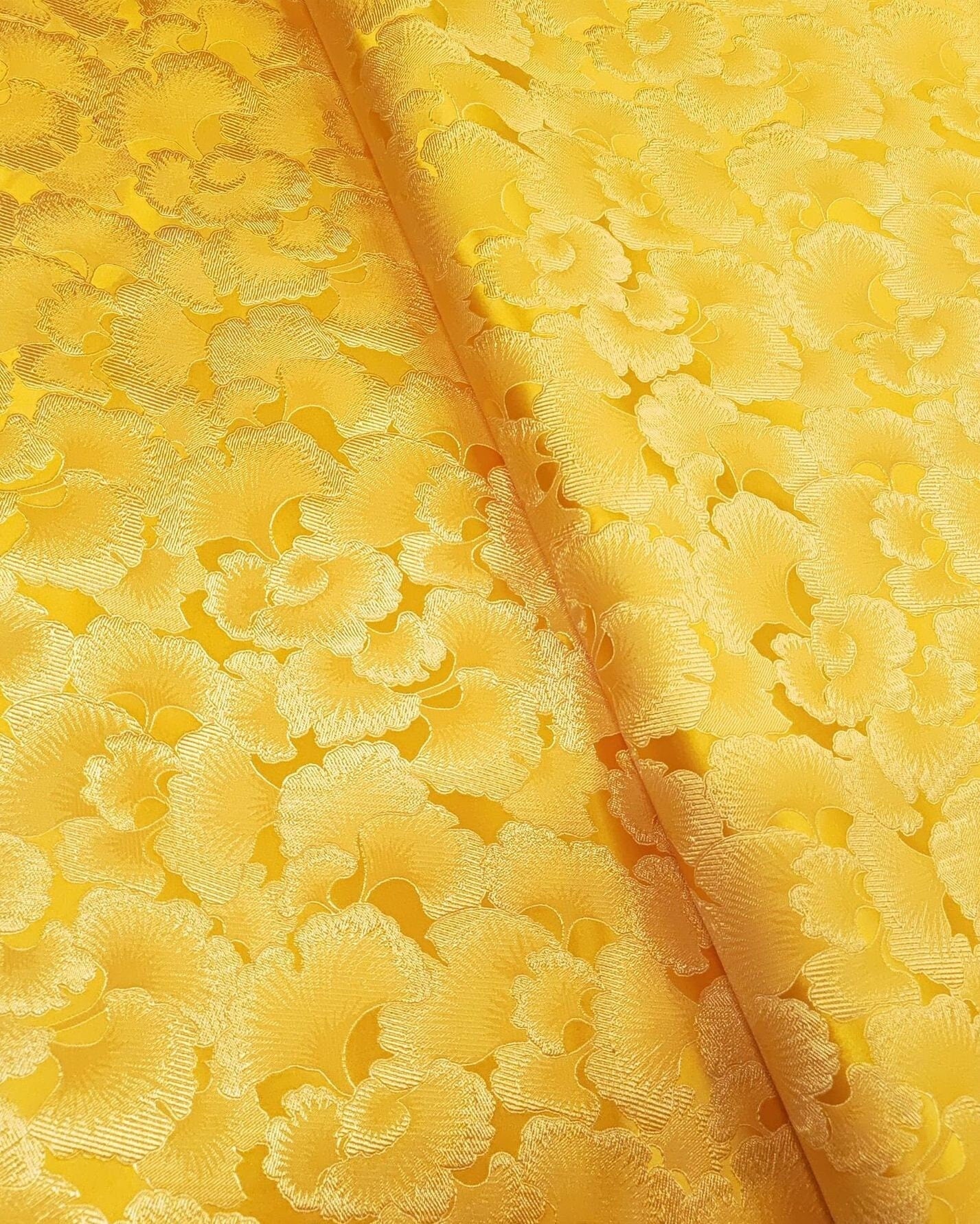 Ginkgo Biloba Brocade Damask Fabric: Gold Woven Rayon, 45" Wide
