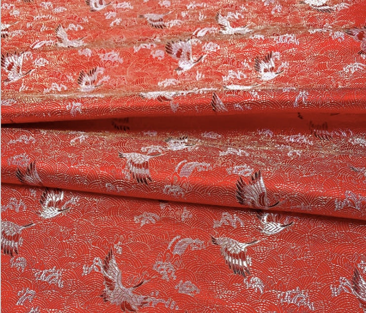 Crane Pattern Jacquard Brocade Fabric: Silk Rayon Blend