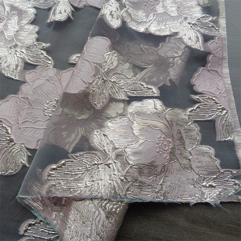 Blue & Gold Floral Jacquard Organza Fabric - 56"W