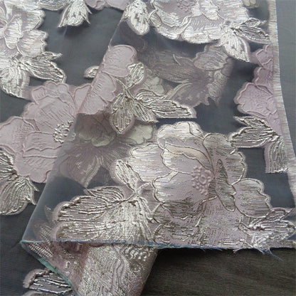 Blue & Gold Floral Jacquard Organza Fabric - 56"W