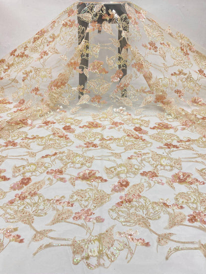 Colorful Sequin Embroidered Mesh Lace Fabric, Floral Wedding Dress Material, 49"W