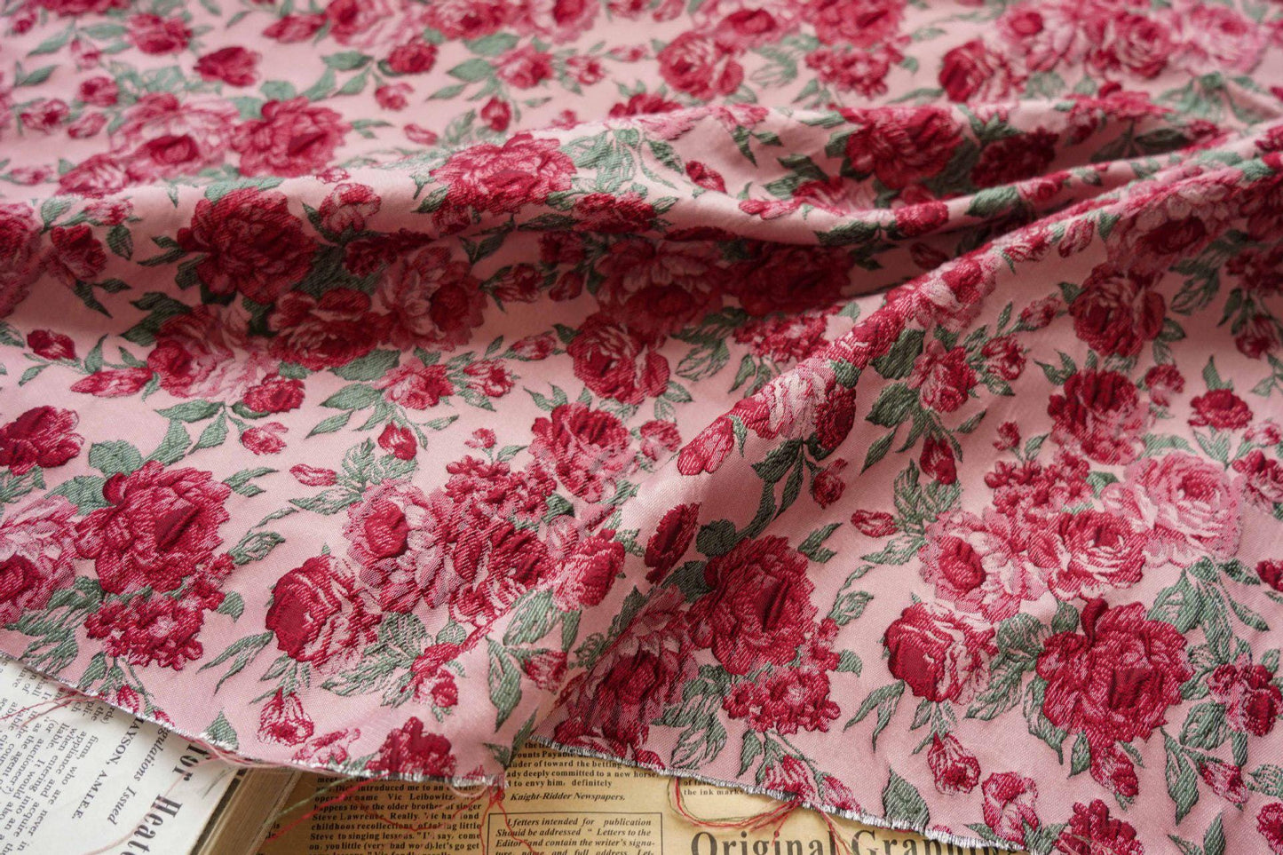 Red Rose Floral Brocade Fabric ��� Embossed Jacqua" Wide