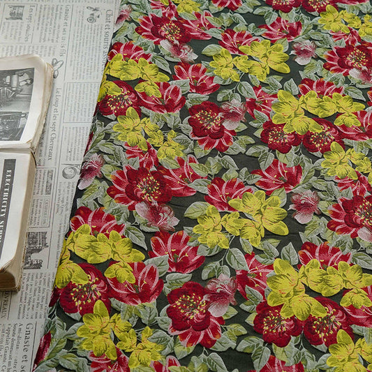 Vintage Floral Jacquard Fabric ��� Red & Yellow Color-Blo" Wide
