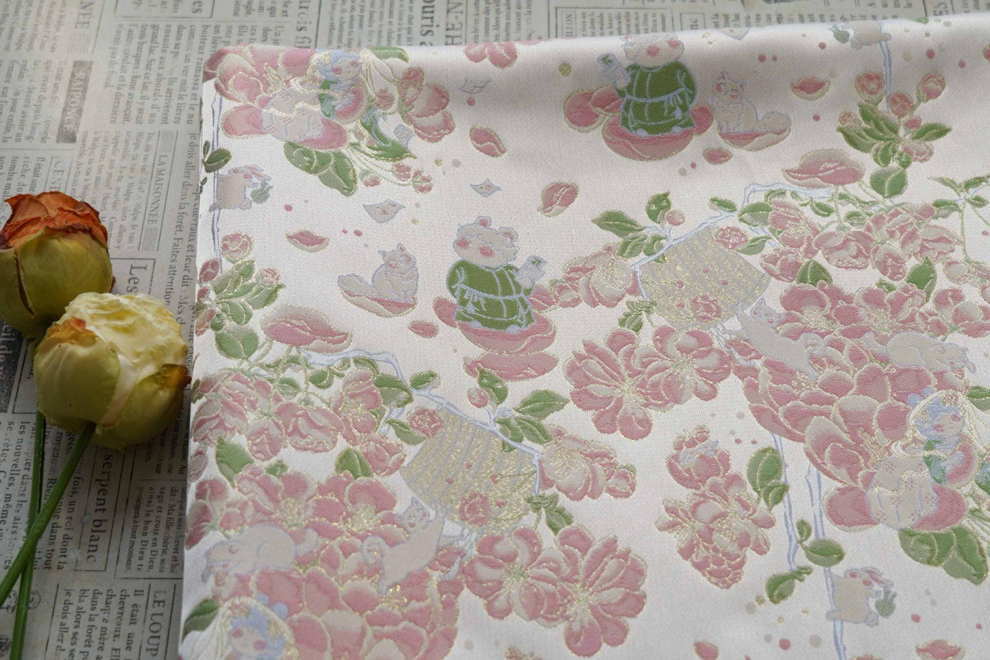 Peach Blossom Gold Thread Brocade Fabric | Luxury Floral Fabric, 65"W