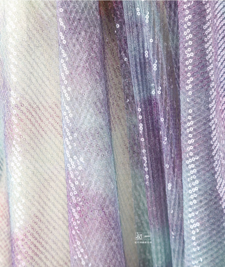 Lilac Green Sequin Mesh Fabric, Embroidered Scale Design, 49"W