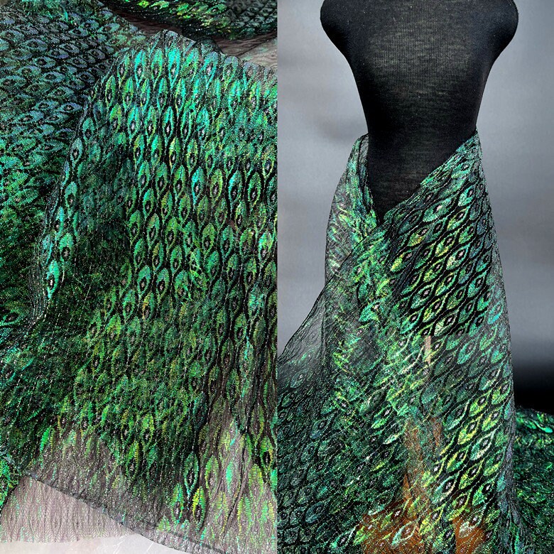 Laser Peacock Feather Mesh Fabric, Colorful See Through Lace