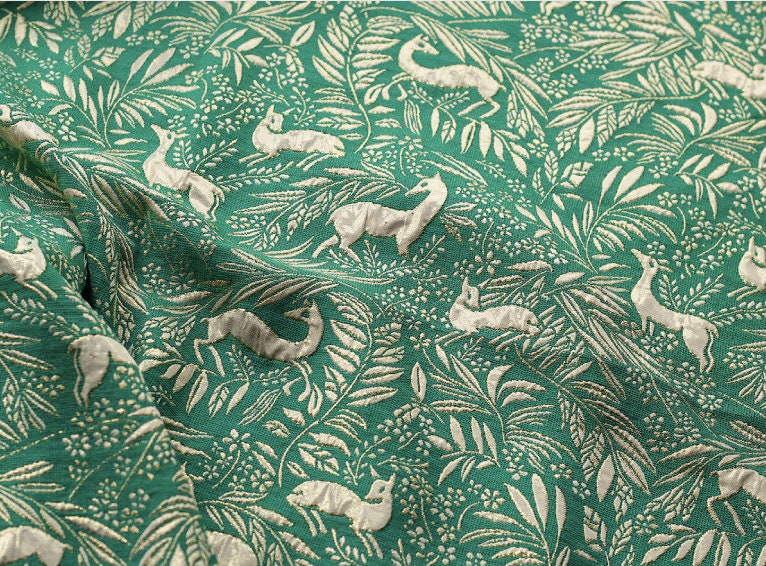 Green Jacquard Fabric with Gold Thread: Deer & Floral Design, 55" Wide
