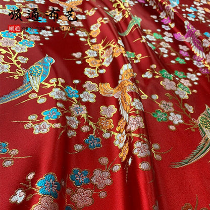 Bird Peony Jacquard Brocade Fabric: Golden Cheongsam Qipao Sewing, 59"W