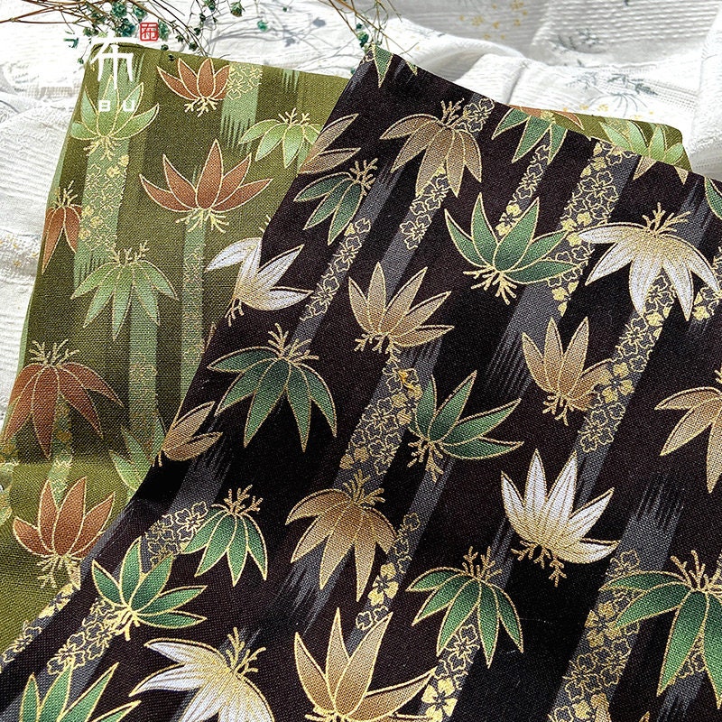 Japanese Foliage Cotton Fabric: Hot-Stamping Kimono Sewing Material, 57"W