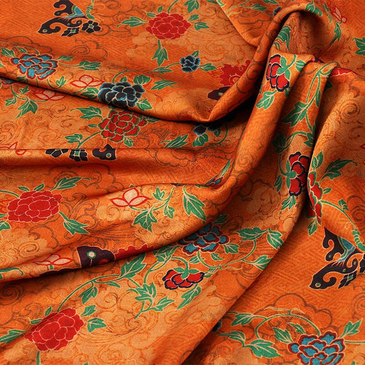Tissu satiné de soie à imprimé floral - Bleu paon, 150 cm de large