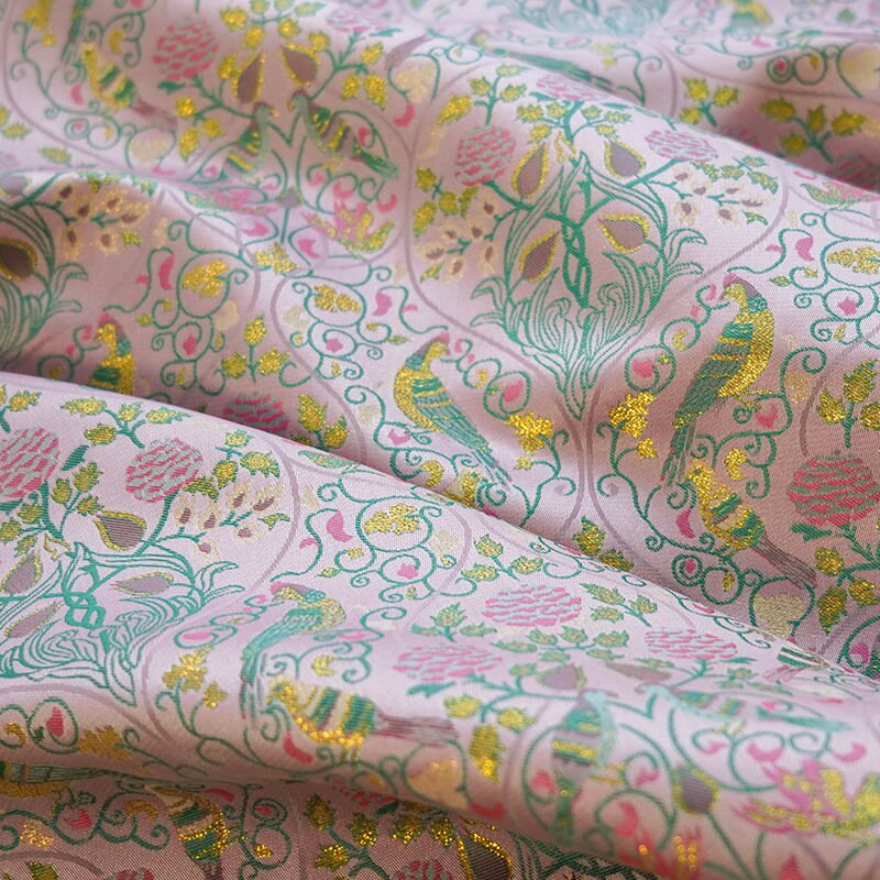 Gold Thread Jacquard Fabric: 3D Floral Bird Design, 60" Wide