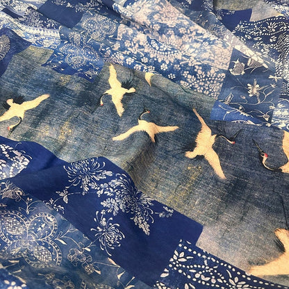 Crane Print Tencel Ramie Fabric: Sewing Material for Kimono, Dress - By The Meter